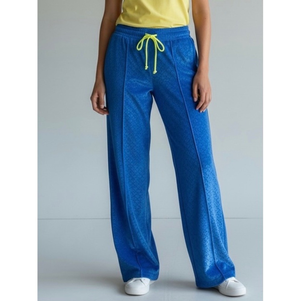 Adidas Originals Blue Monogram Wide Leg Track Pants Yellow Drawstring XS